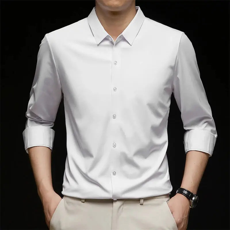 Men's white solid-color wrinkle-free long-sleeve business casual shirt by Simples Market
