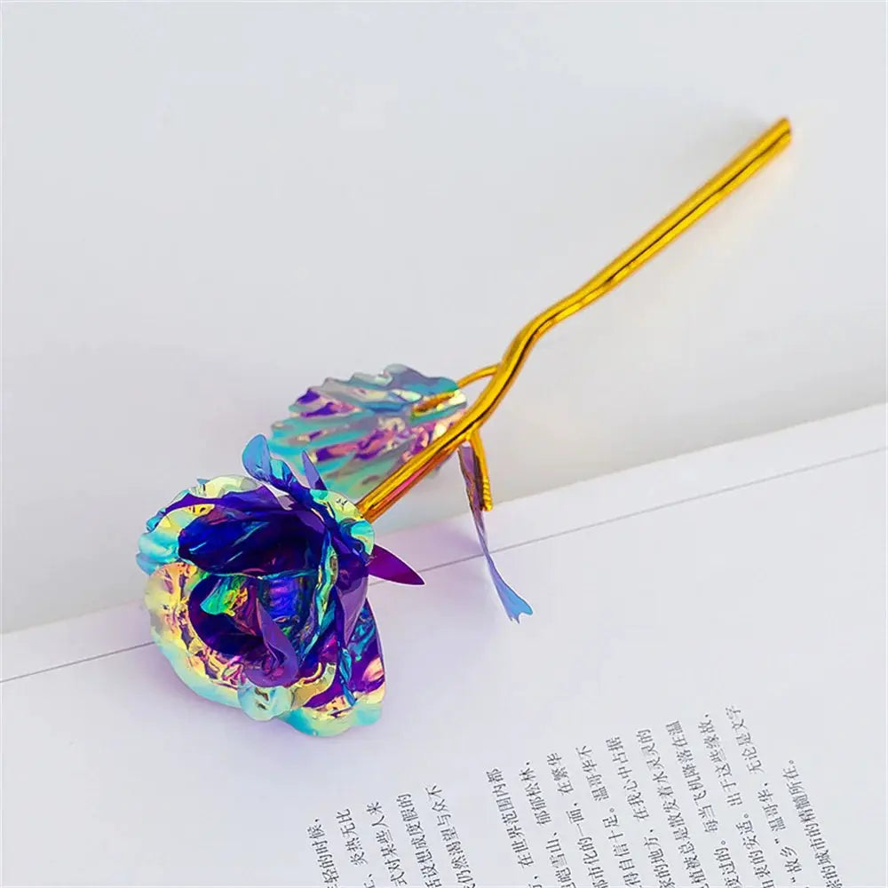 Foil rainbow rose on gold stem, 18cm artificial flower for gifts and decor