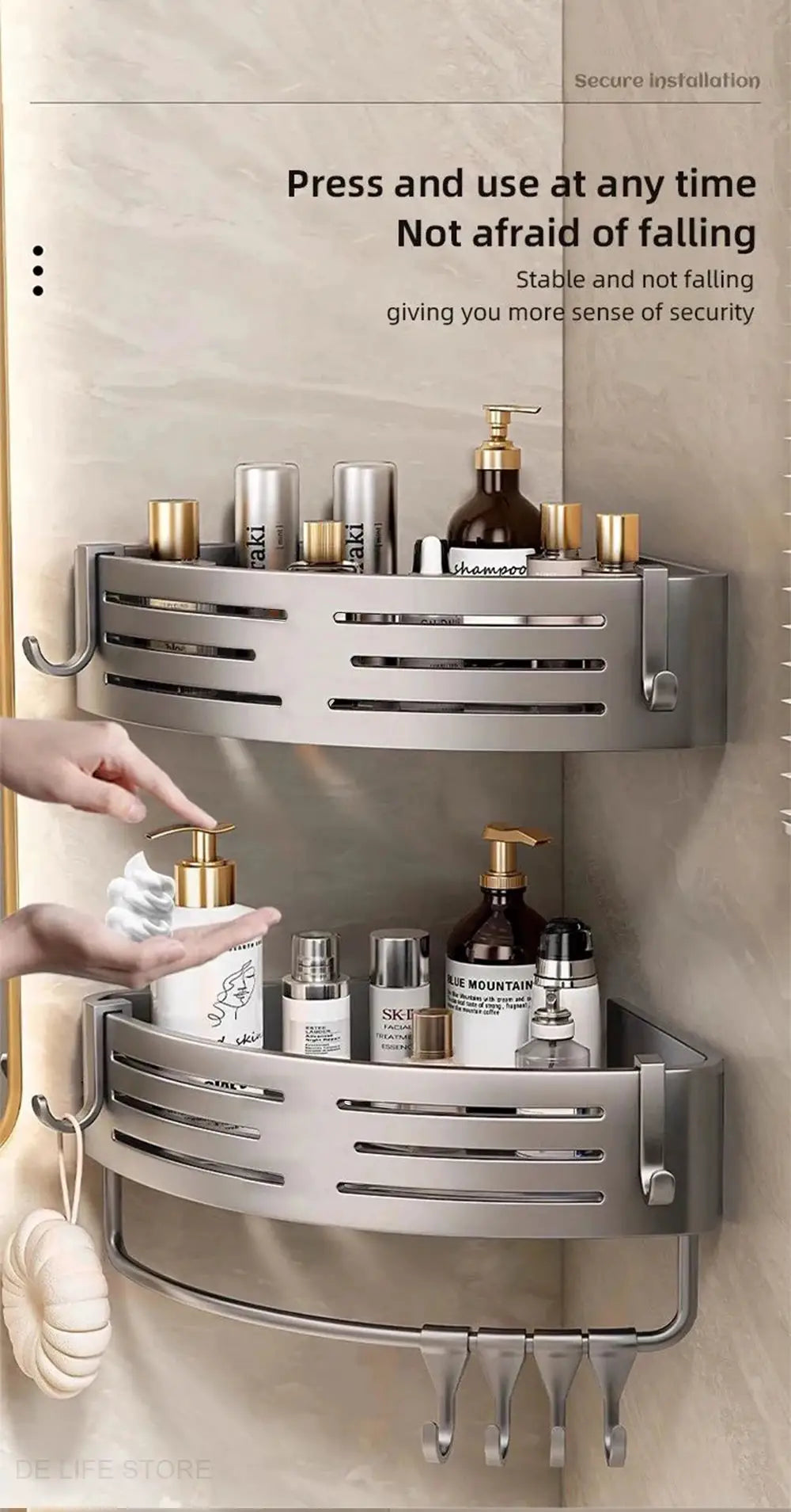 Simples Market aluminum bathroom corner shelf with plastic hook towel bar and 2-tier shower storage rack