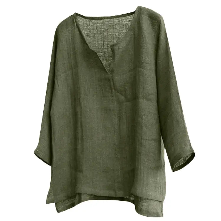 Men's loose olive green long-sleeve V-neck shirt; solid color, size S-5XL