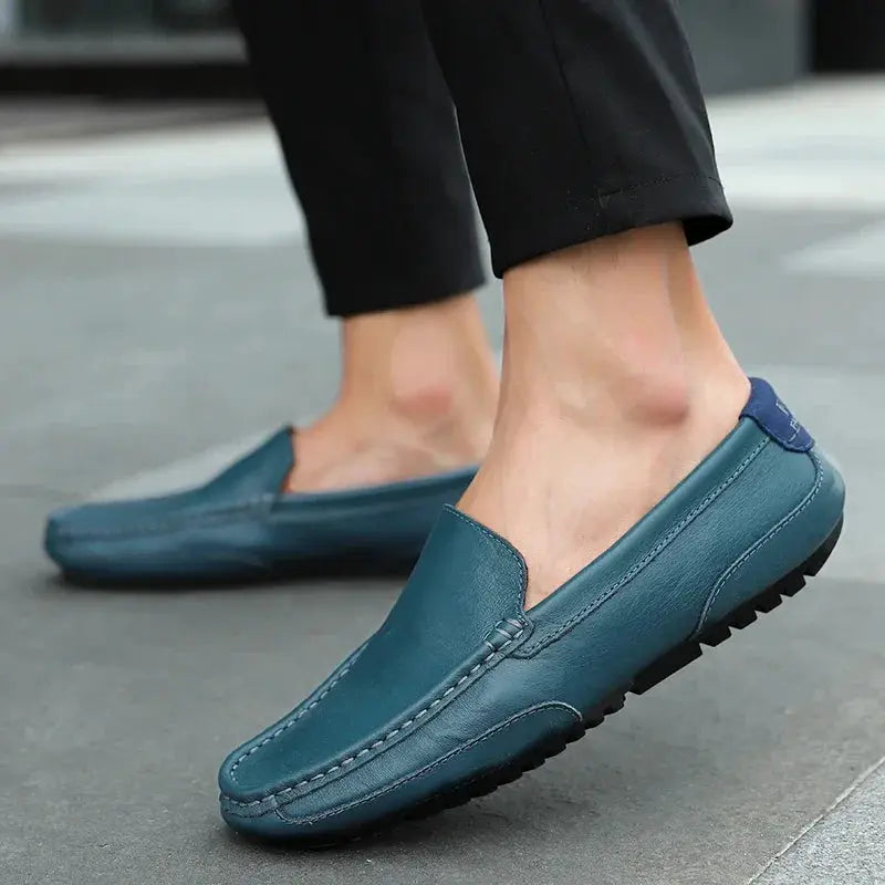 Genuine leather breathable moccasin loafers for men, Simples Market teal blue slip-on pair with rubber sole