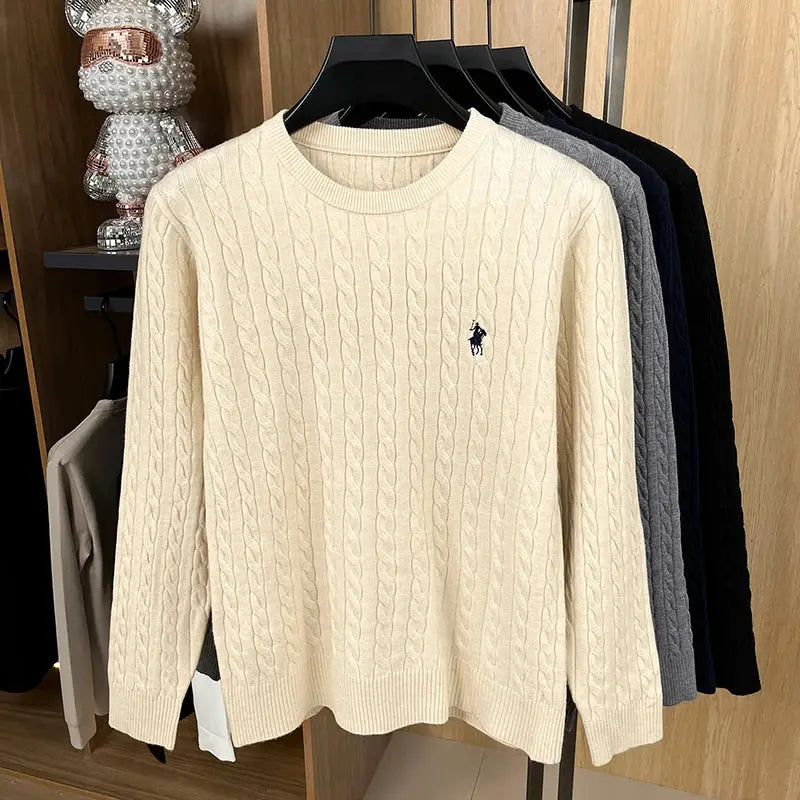 Cream cable-knit crewneck sweater for men with small navy polo-pony embroidery