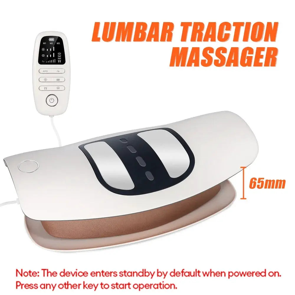 Simples Market electric lumbar traction massager with remote; white belt-style back massager with brown lining.