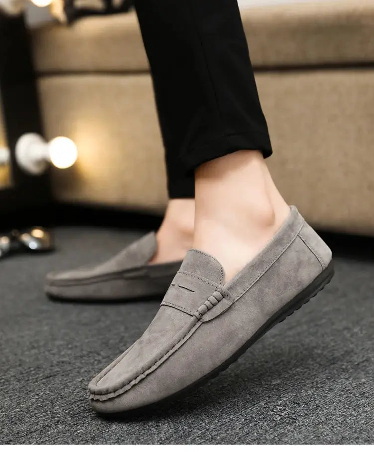 Men's grey suede driving loafers, casual slip-on shoes with black rubber sole