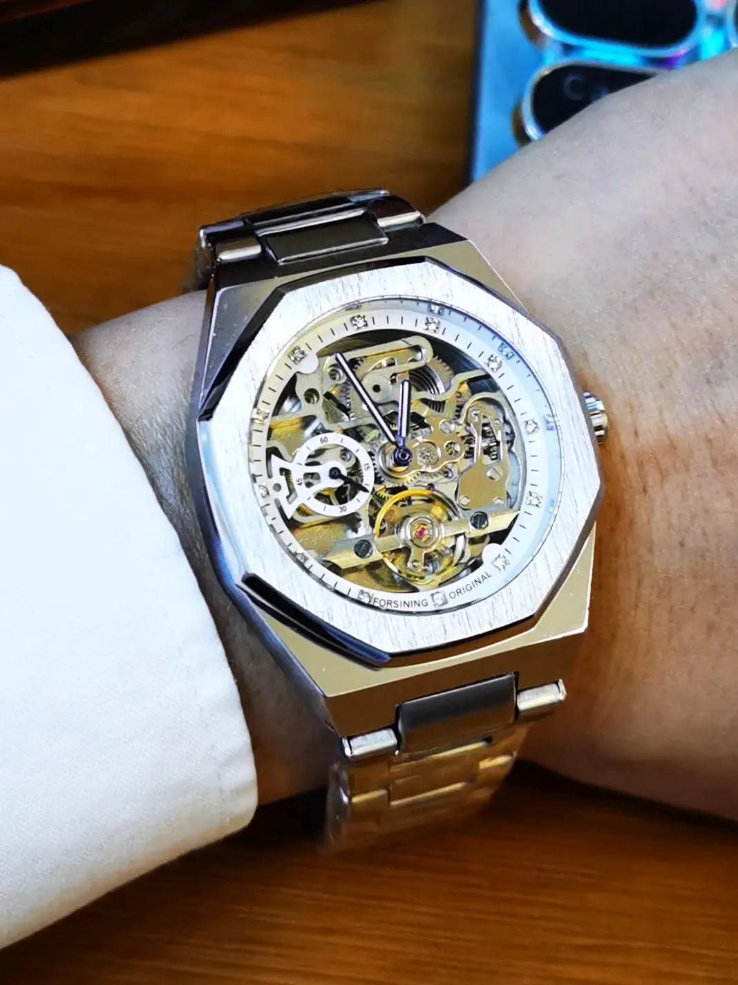 Forsining skeleton automatic men's watch with stainless steel bracelet and visible gears