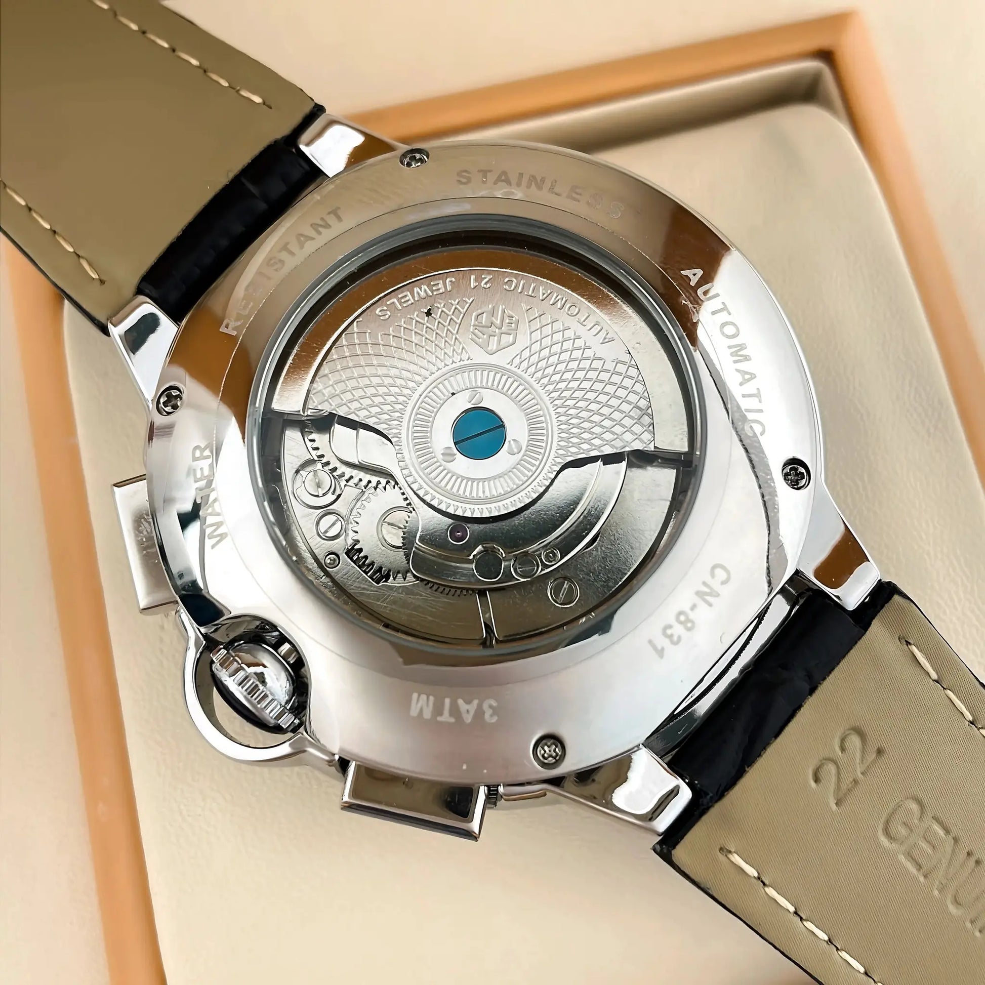Caseno Star Roman Grand men's automatic watch back view with tan leather strap and stainless steel case