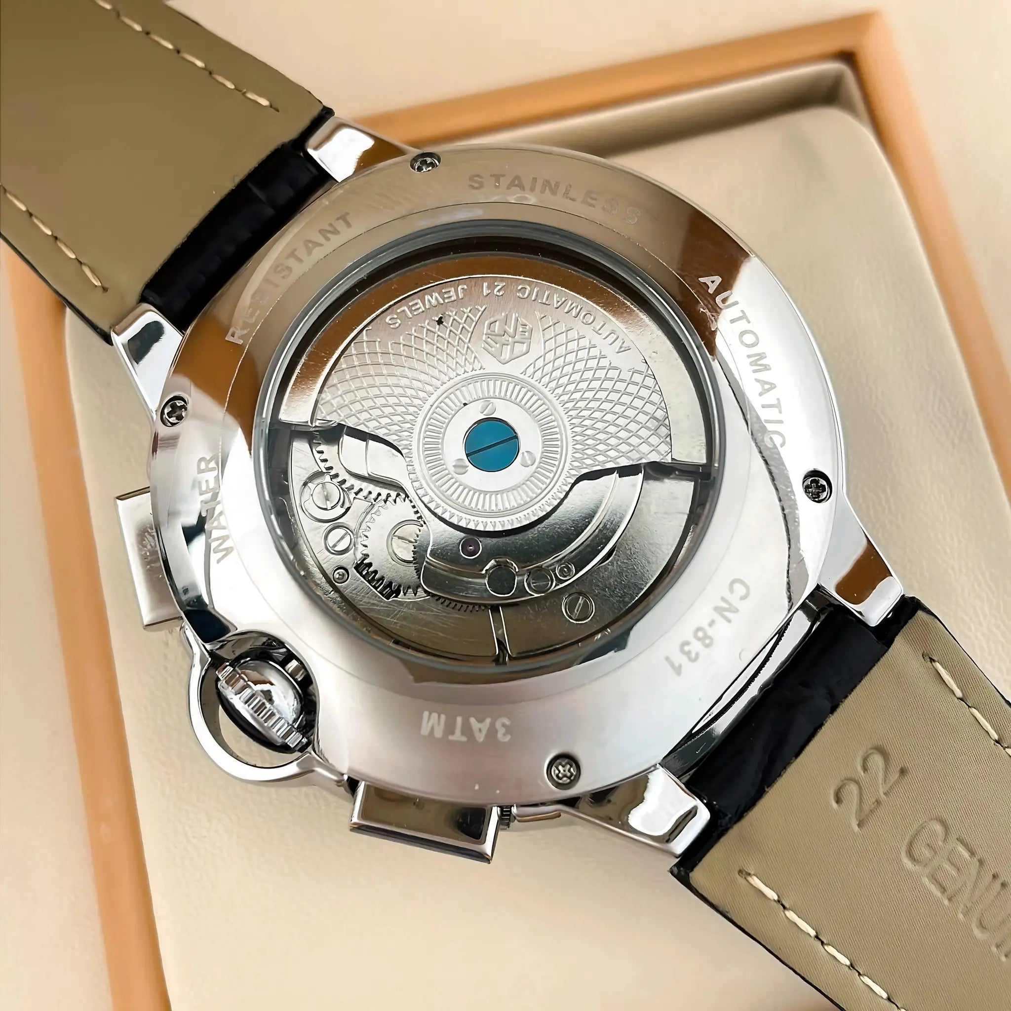 Caseno Star Roman Grand men's automatic watch back view with tan leather strap and stainless steel case