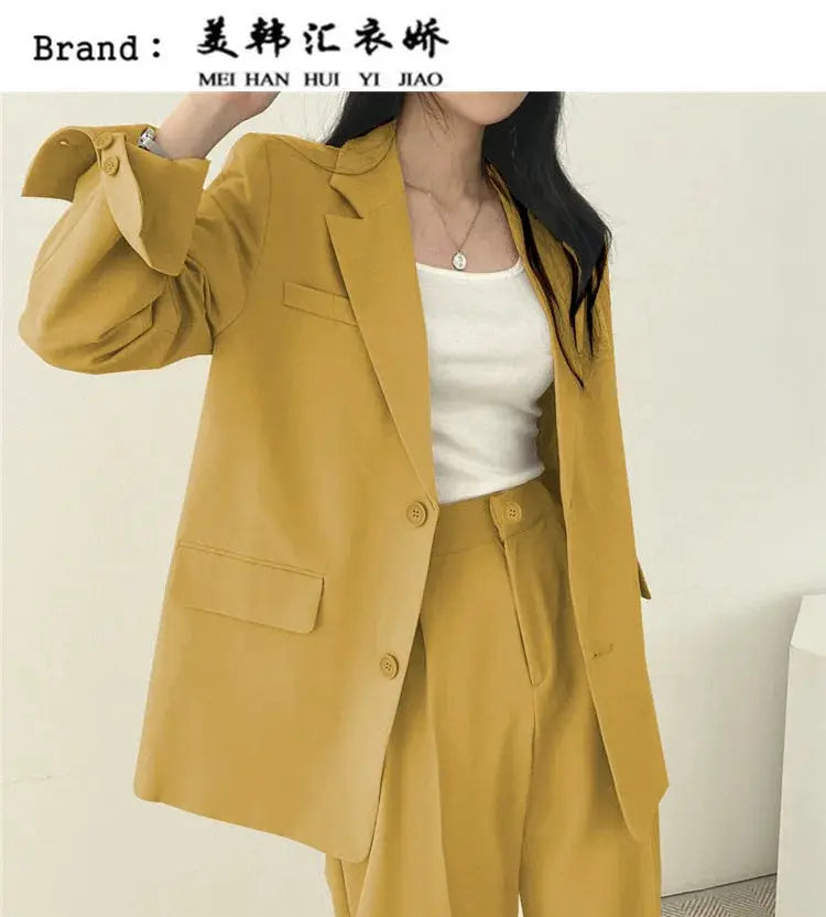 Mustard-yellow blazer with matching pants two-piece set for women; brand Mei Han Hui Yi Jiao visible