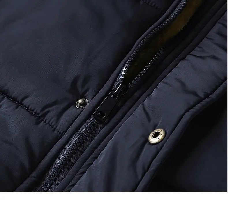 Men's windproof fleece parka jacket in dark navy with zip front and metal snap buttons.
