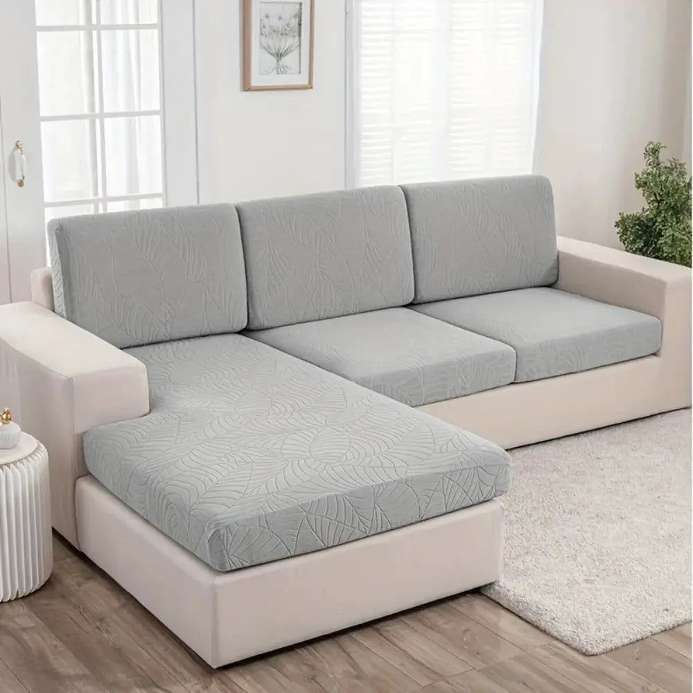 Waterproof stretch sofa cushion cover in light gray jacquard fabric for chaise lounge sofa