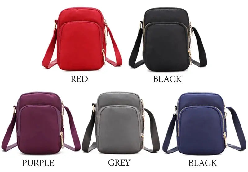 Five Simples Market women's waterproof crossbody bags in red, black, purple, grey, and blue.