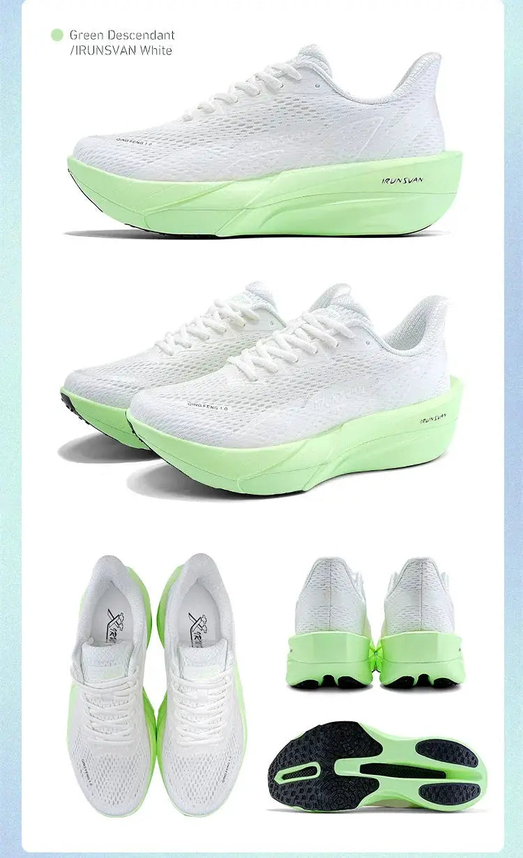 IRUNSVAN white mesh upper sneakers with lime green chunky platform sole, unisex training shoes