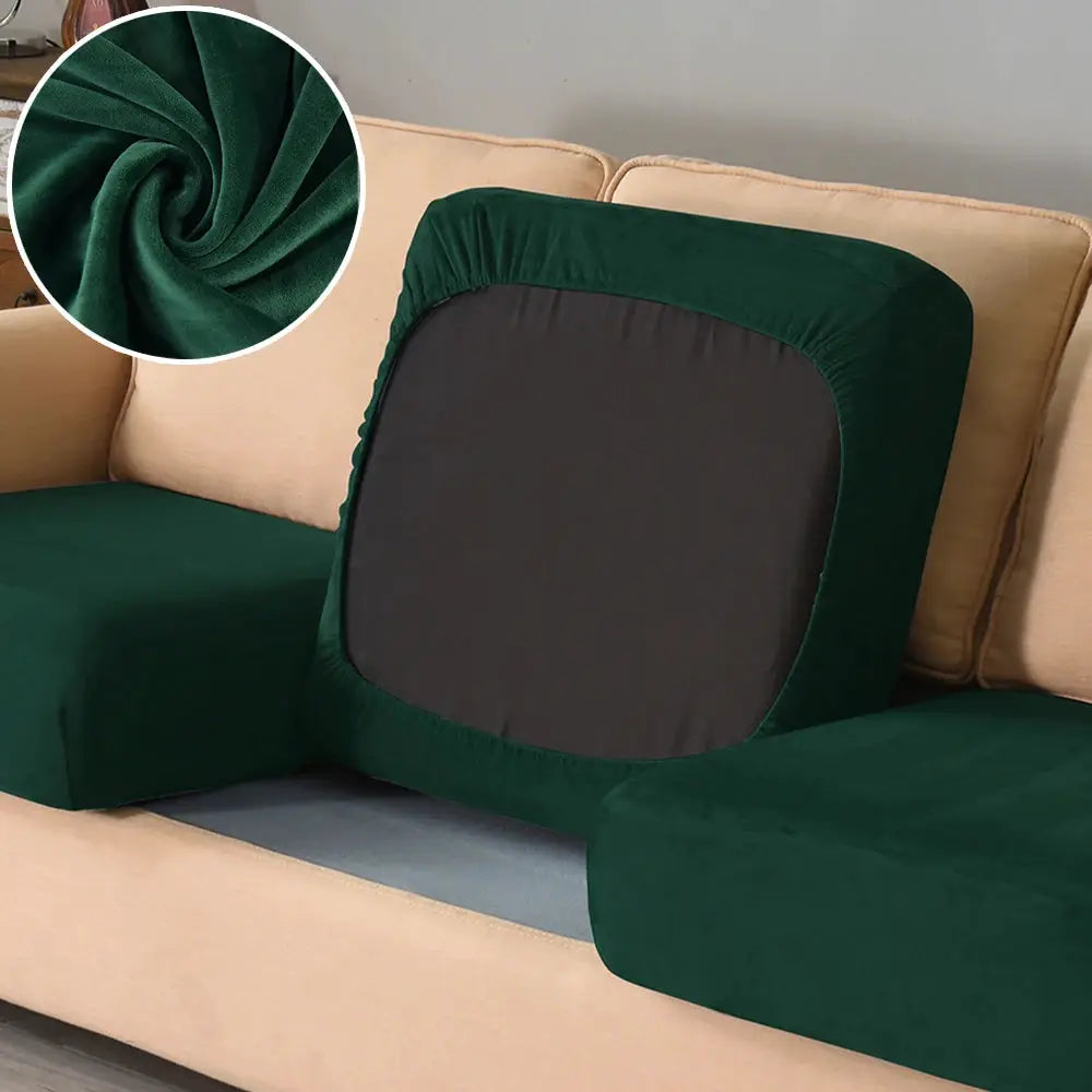 Soft velvet sofa slipcover in emerald green for chaise lounge; elastic and removable.