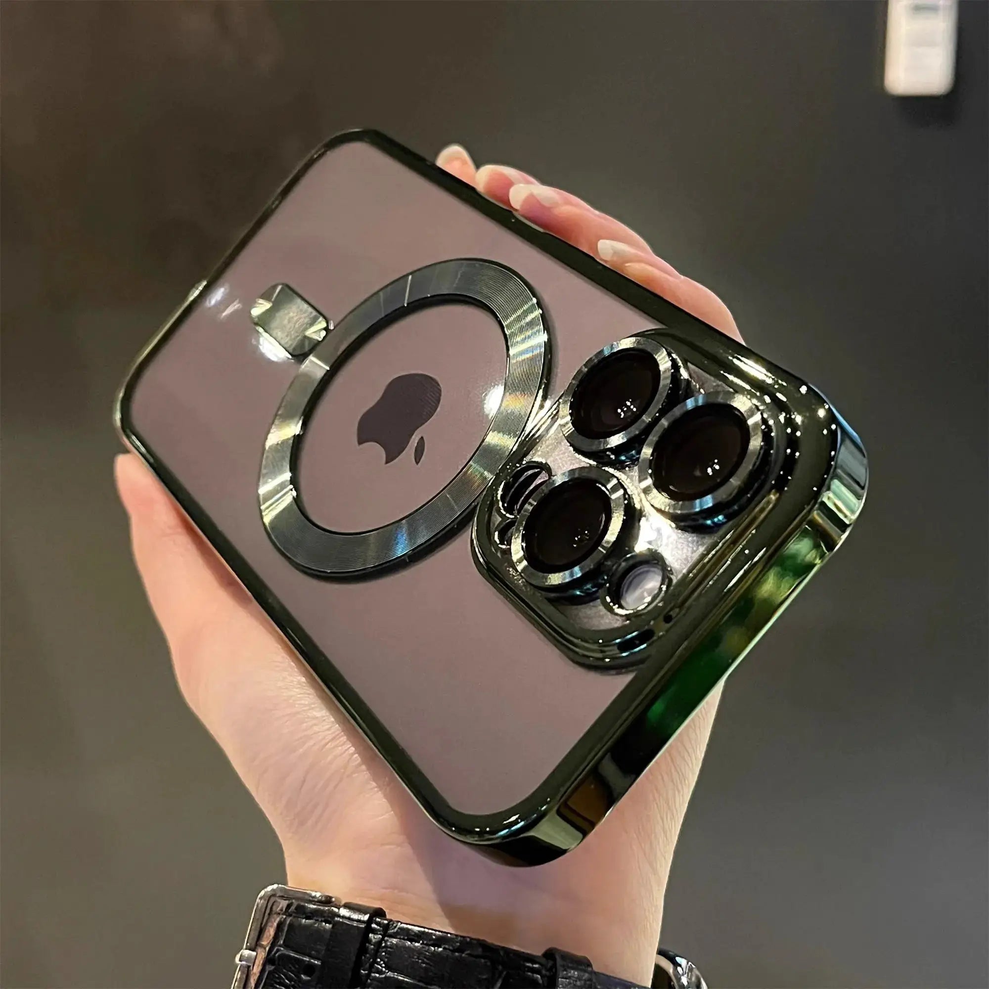 Simples Market luxury magnetic plating clear MagSafe case for iPhone; transparent back with camera ring and black bumper