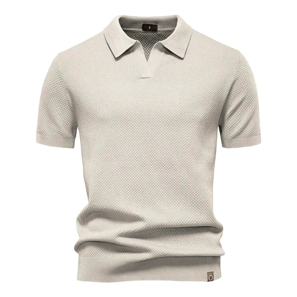 Simples Market men's golf polo shirt, light beige solid color, breathable textured knit fabric, short-sleeve polo