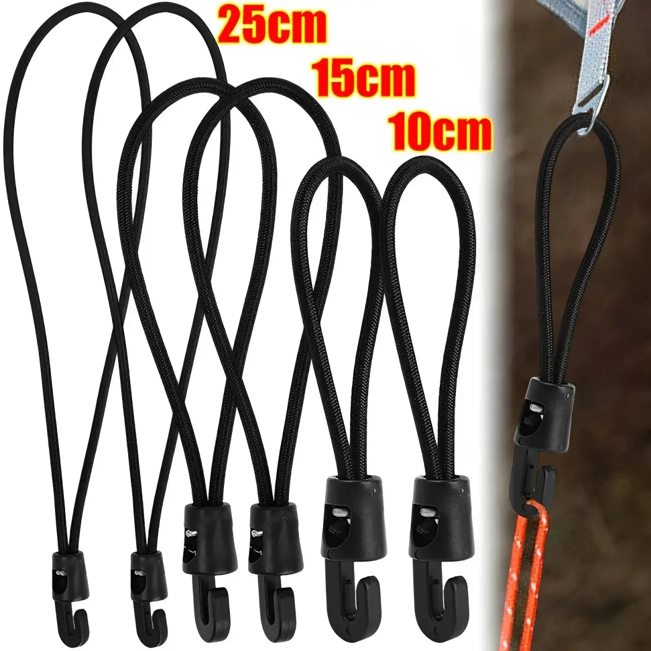 Simples Market bungee cords with hooks, set of six black elastic cords in 10/15/25 cm lengths for camping tarpaulins