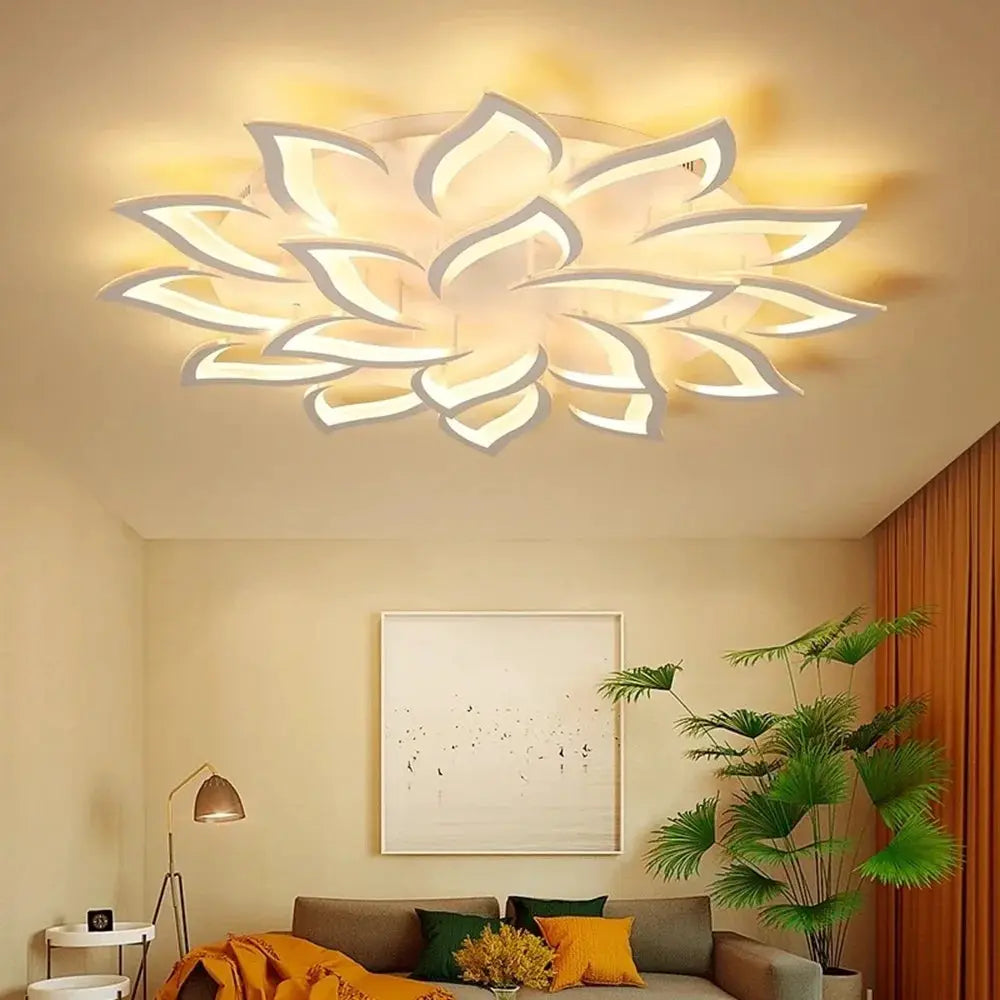 Modern LED ceiling light fixture with white flower-petal design, dimmable chandelier for living room or bedroom
