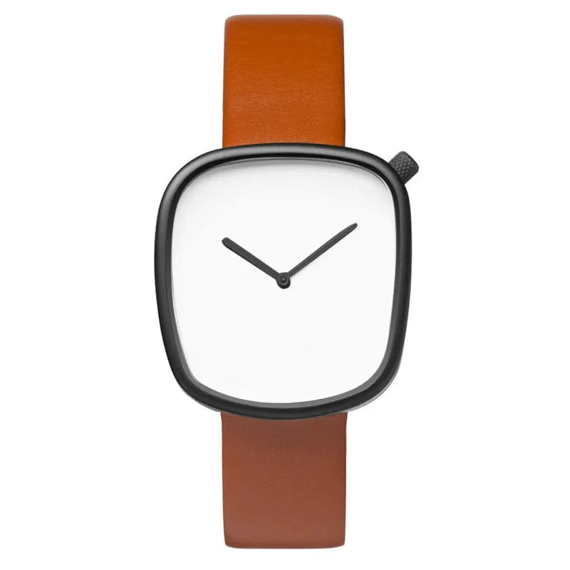 TOMI minimalist square watch with black case and brown leather strap