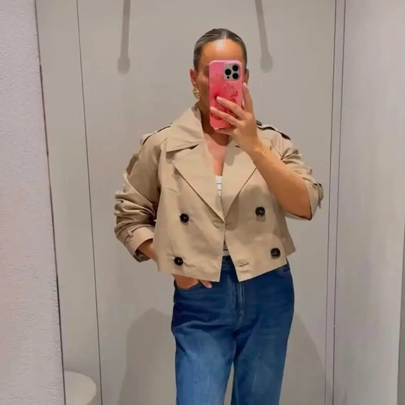 EleganceLane Double Breasted Short Trench Coat Vintage Style Turn Down Collar With Modern Comfort Womens Coat