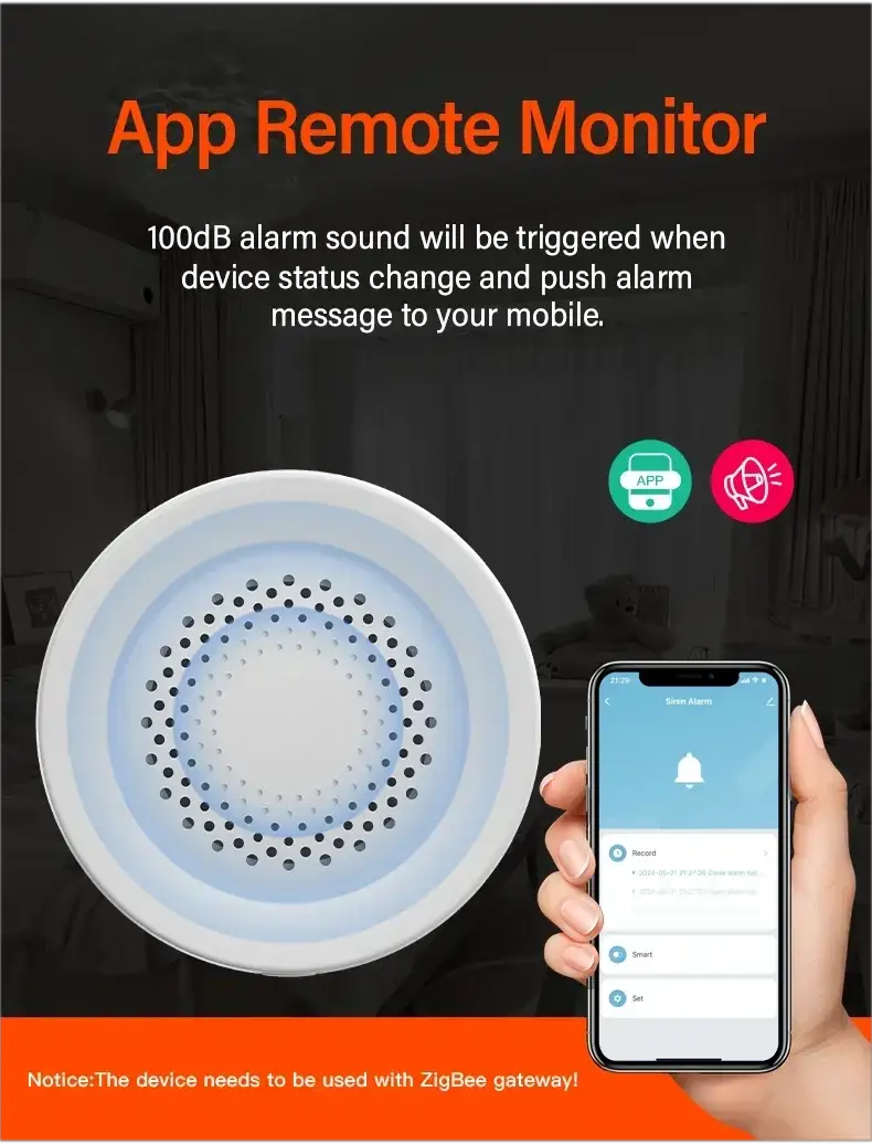 Simples Market Tuya Zigbee WiFi smart siren alarm, white circular device with blue inner ring, 100dB alert