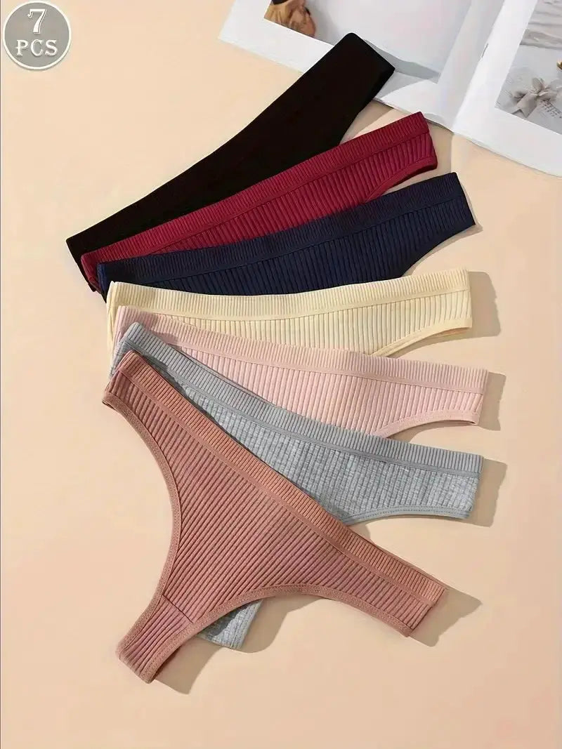 7-piece women's cotton thong underwear set in ribbed fabric; assorted colors by Simples Market