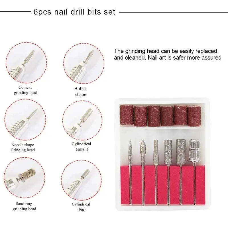 Simples Market 6-piece nail drill bits set with conical, bullet, needle, cylindrical and sanding heads for manicure