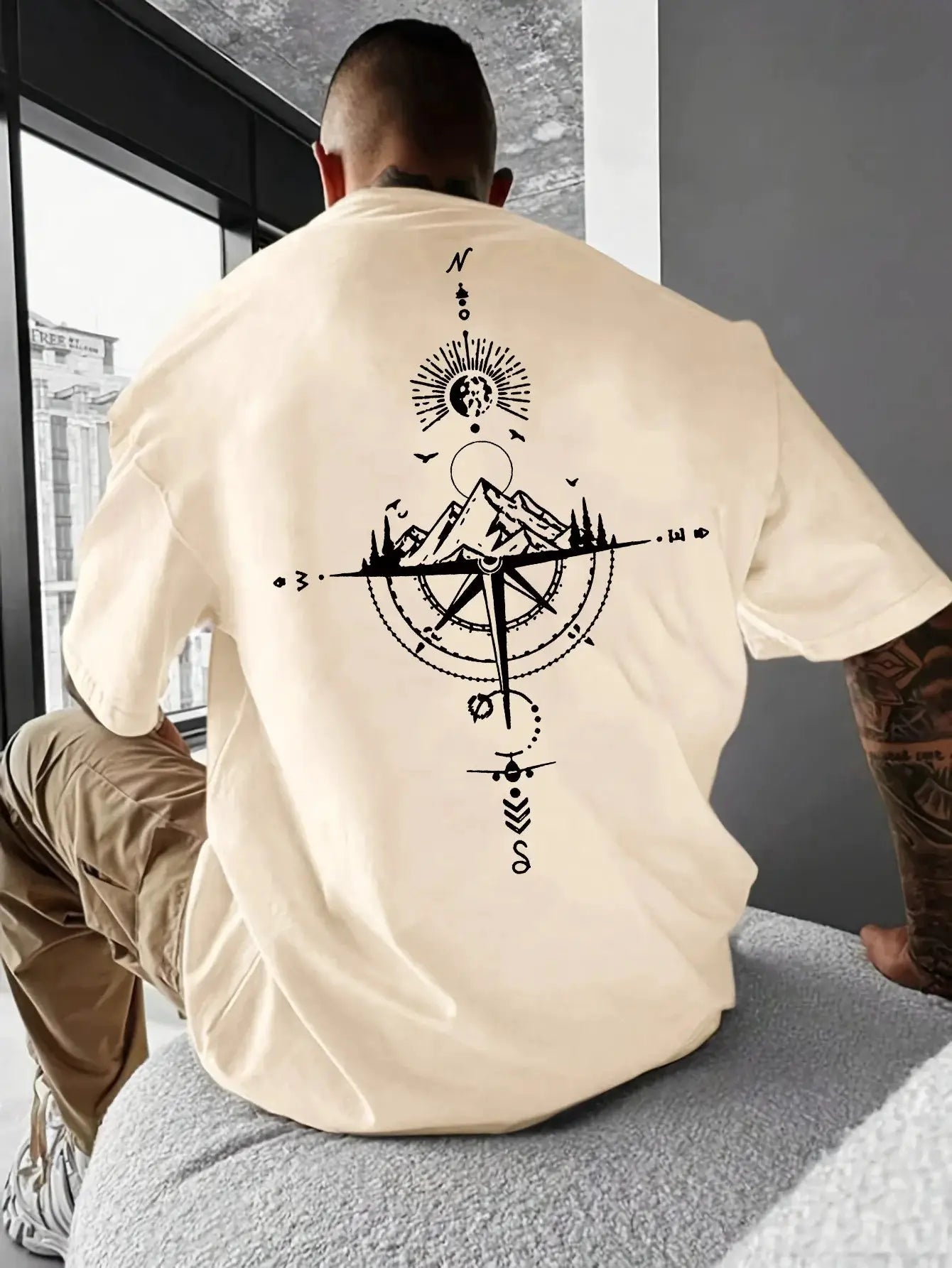 Mens 100 Percent Cotton Summer Casual T Shirt Loose Oversized Retro Compass Print Round Neck Short Sleeve