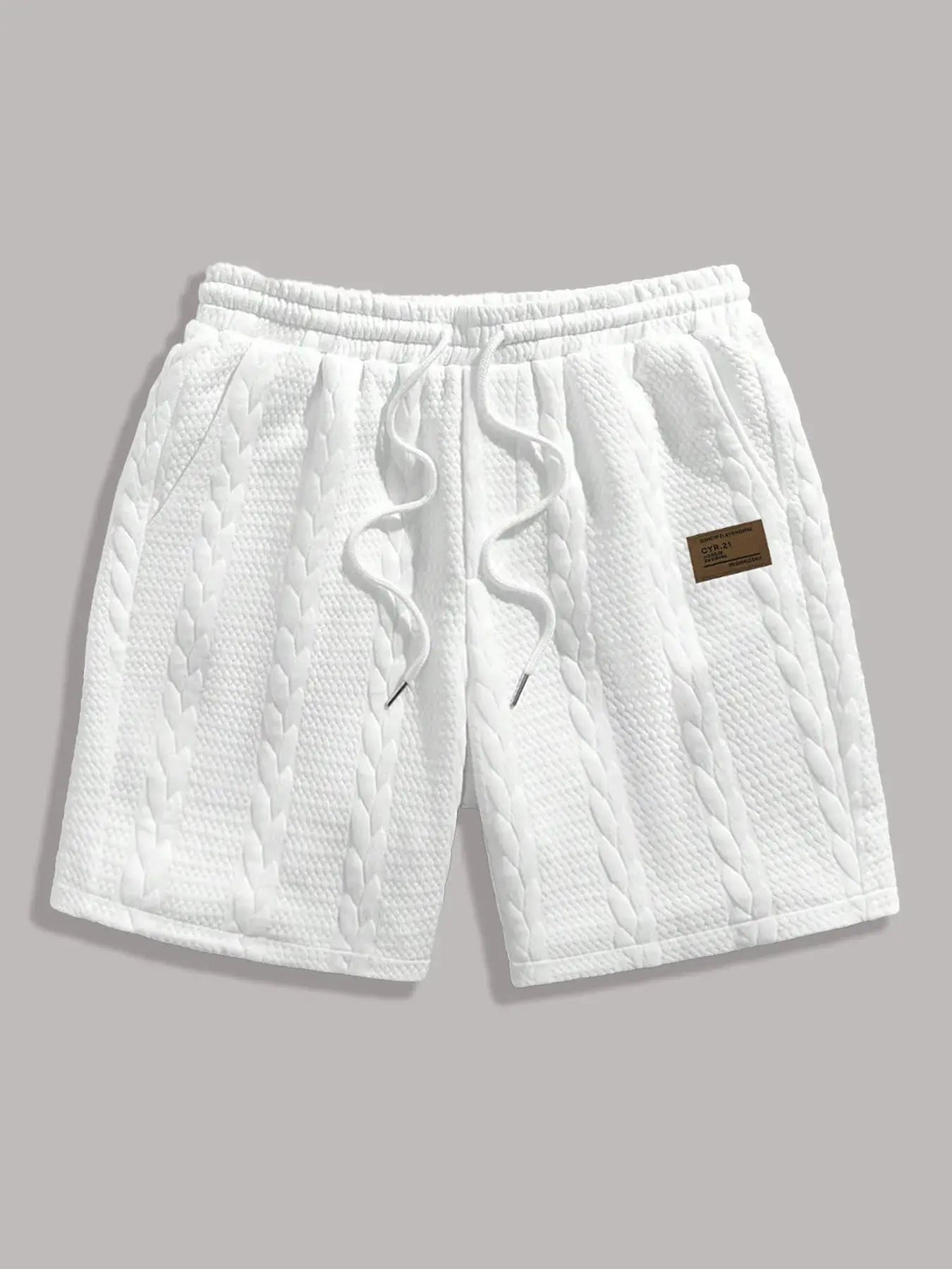 Men's white quilted drawstring shorts by Simples Market, breathable textured knit, 5-inch inseam