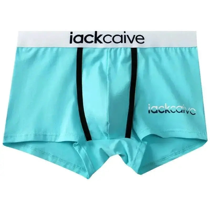 Men's turquoise cotton boxer briefs with black piping and white waistband, iackcaive logo