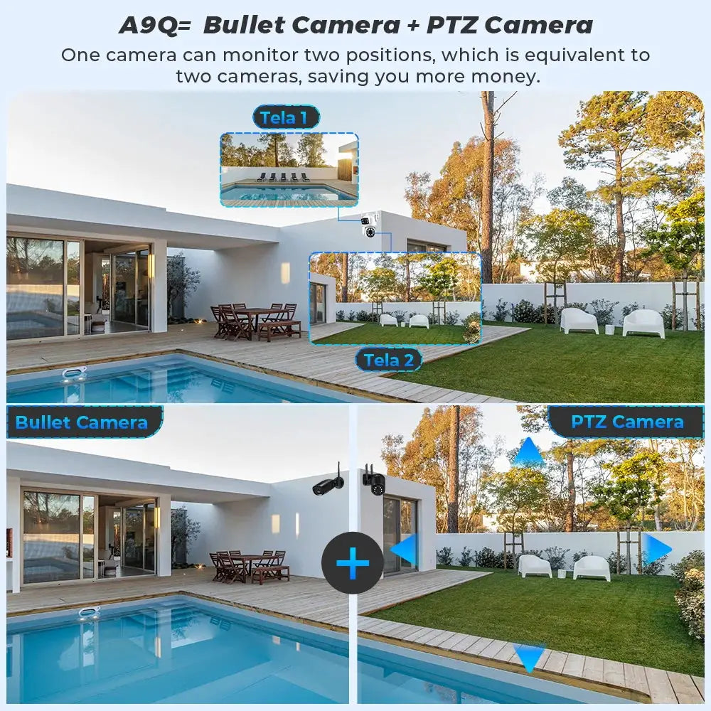 BESDER 4K 8MP wifi outdoor security camera system with bullet and PTZ lenses, dual screens in backyard