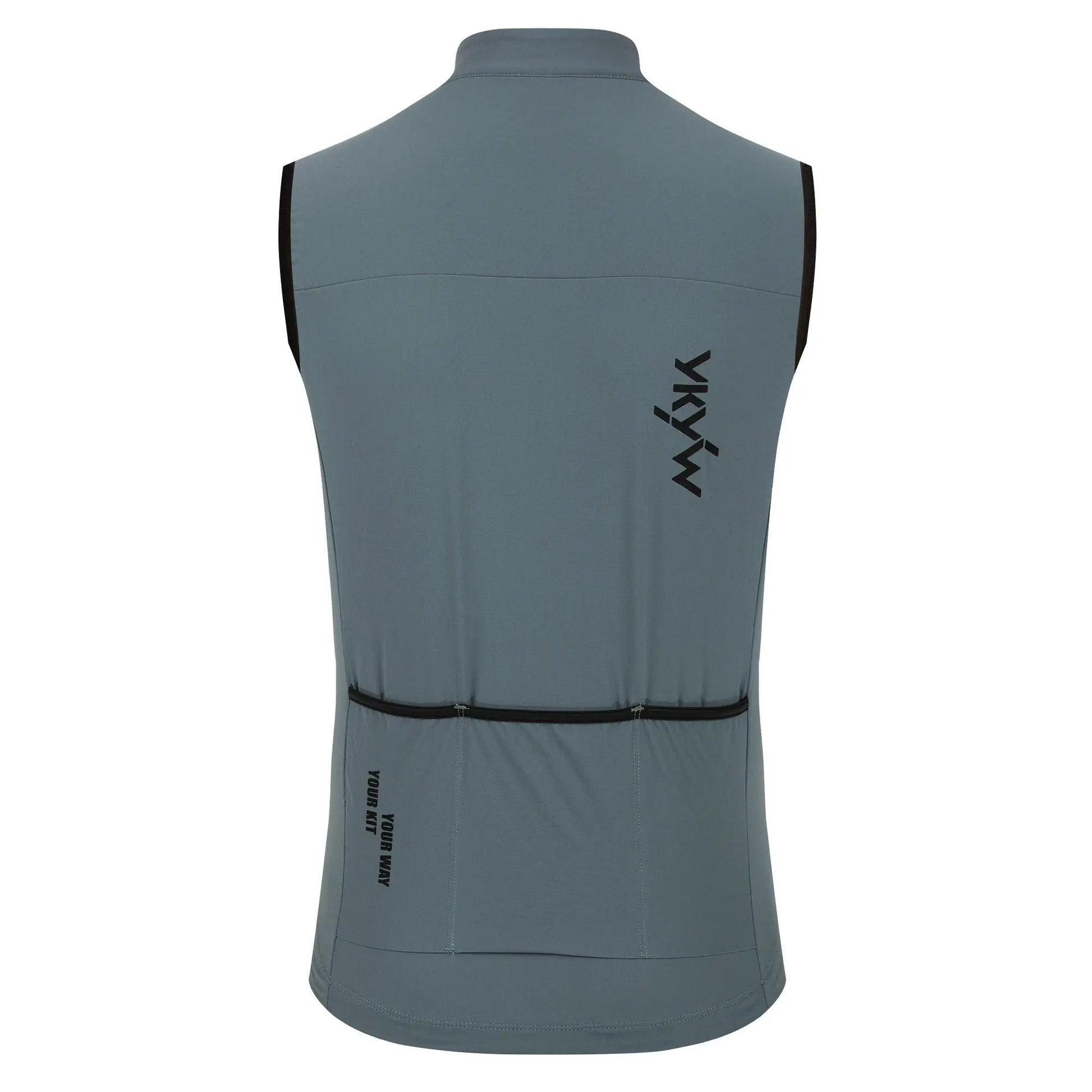 Men's cycling vest in gray with thermal fleece; sleeveless windbreaker, back view.