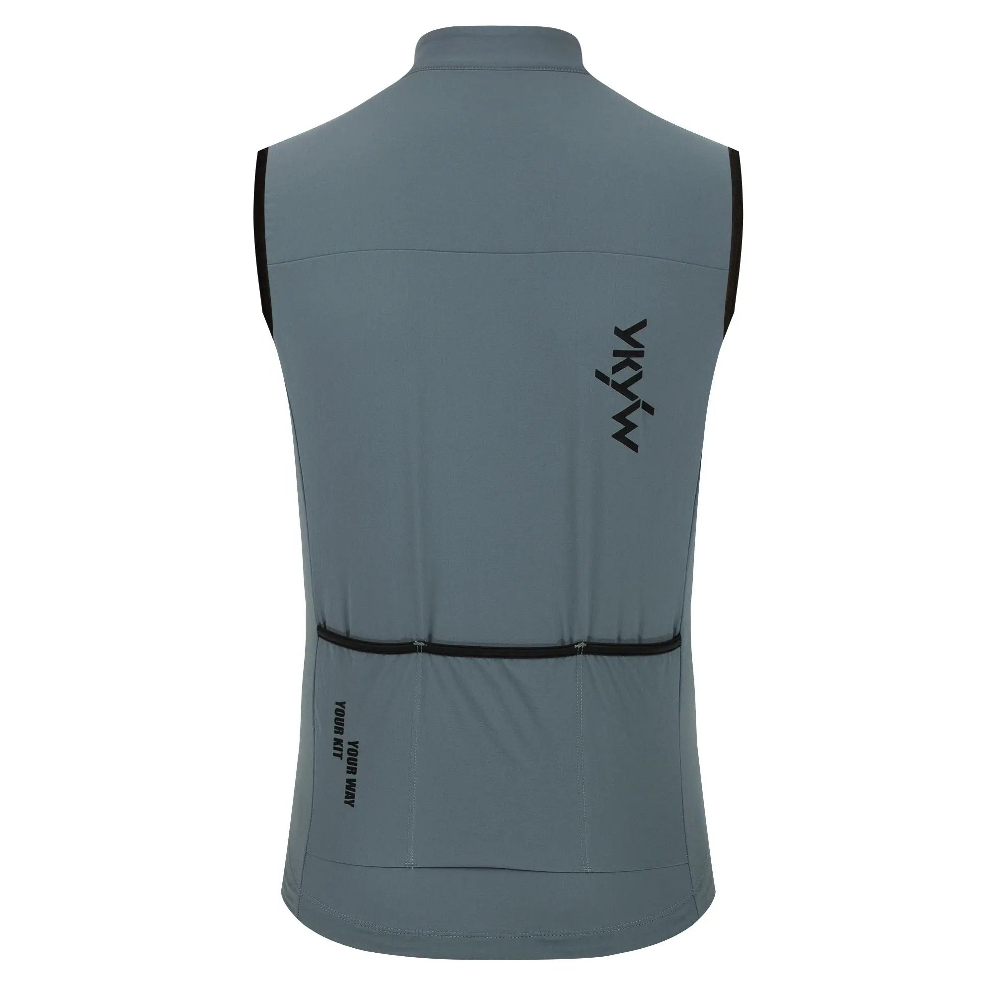 Men's cycling vest in gray with thermal fleece; sleeveless windbreaker, back view.