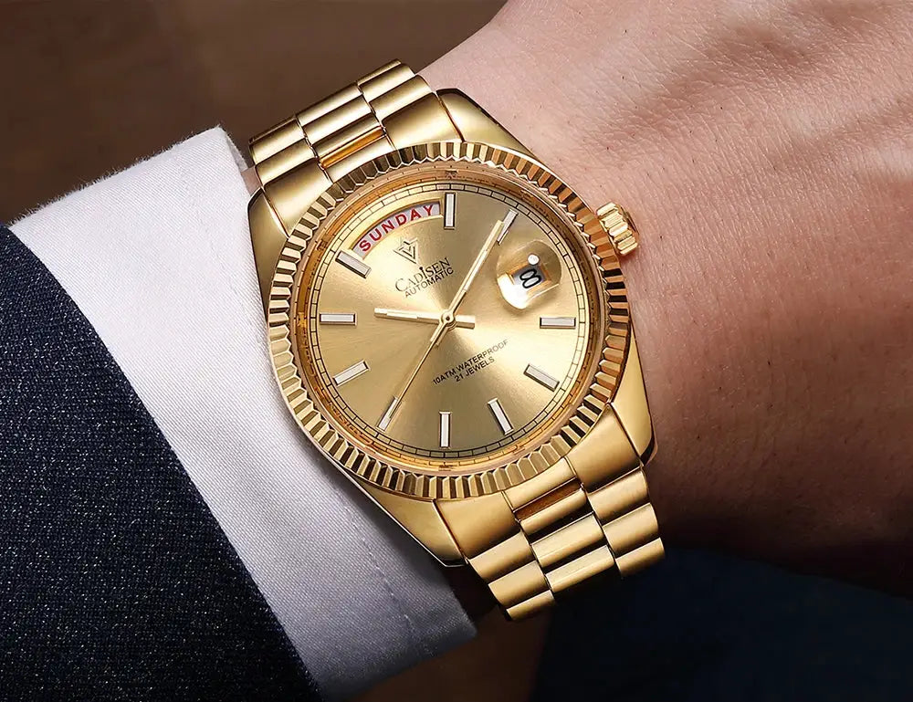 Cadisen DD40 men's luxury automatic watch in gold with AR sapphire glass and day-date display