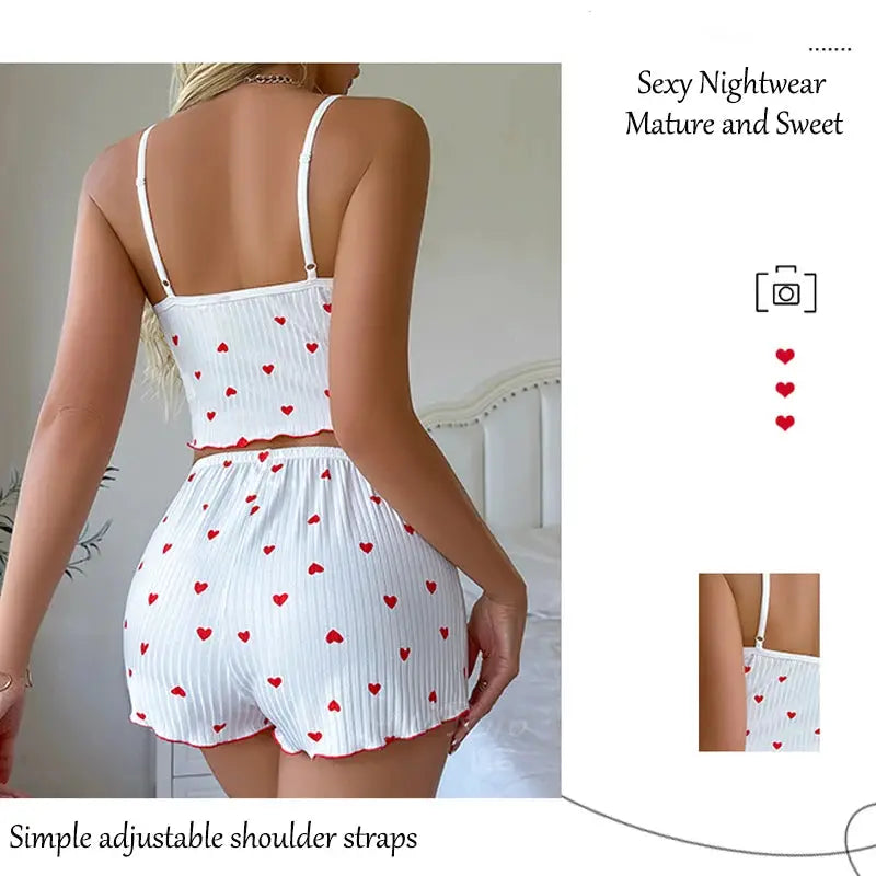 LunaLuxe Women Pajama Set Heart Print Soft Ribbed Fabric Cami Top And Shorts With Flirty Frill Trim