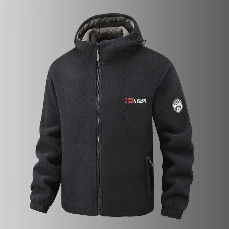 Men's black fleece hooded jacket with full-zip front, Norwegian flag patch and round sleeve badge