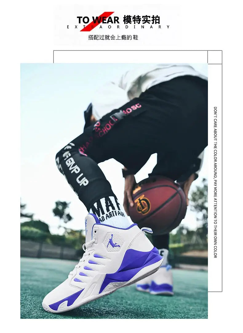 Men's athletic sneakers in white with purple accents by Simples Market on a basketball court