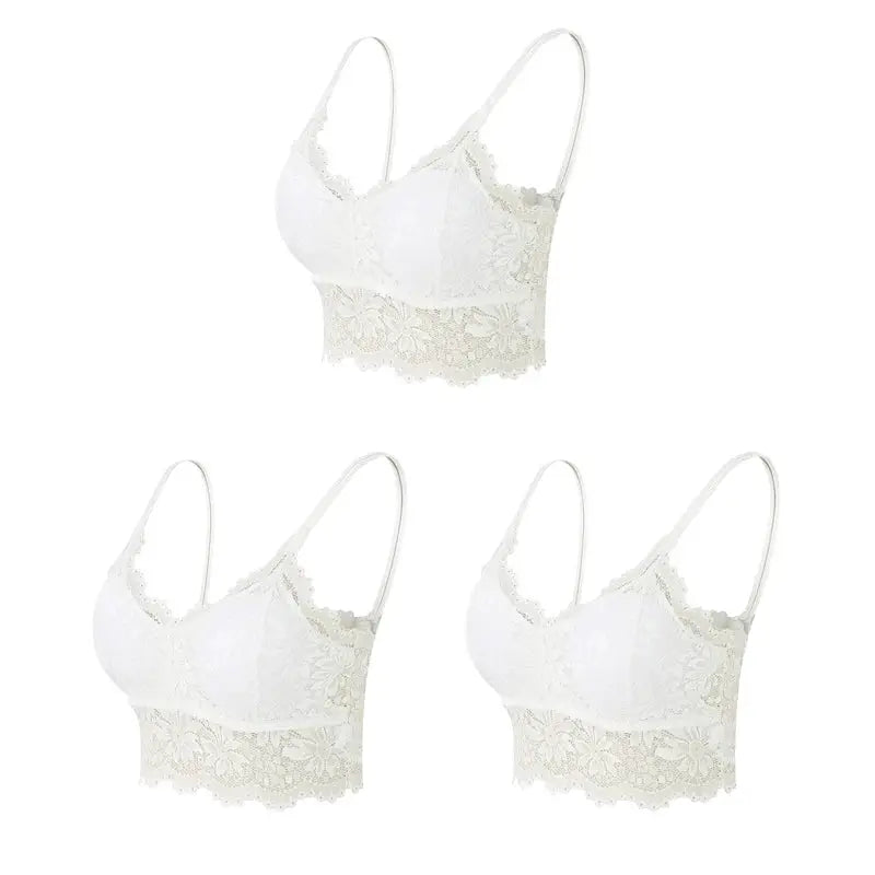 3-pack white lace bralettes with floral lace trim, wireless cups, seamless fit, by Simples Market