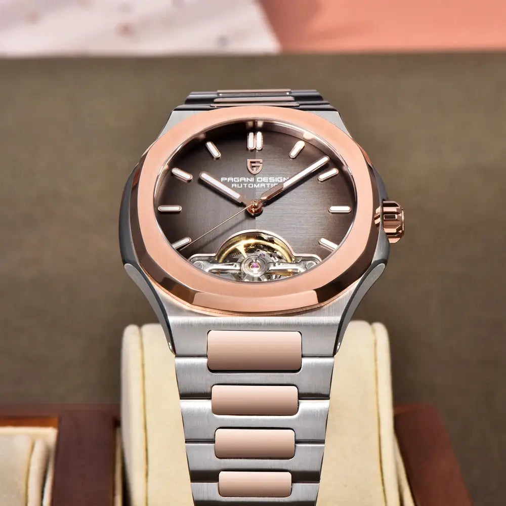 PAGANI DESIGN men's skeleton automatic watch with rose-gold bezel and two-tone stainless steel bracelet; open-heart dial