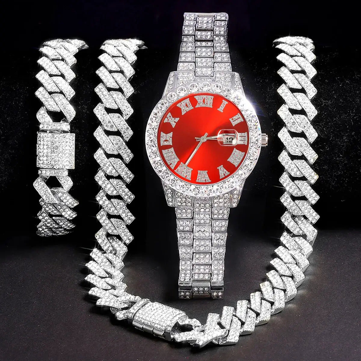 UrbanPulse Mens Hip Hop Silver Watch Set With Diamond Inlay Cuban Chain And Bracelet Adjustable Gift