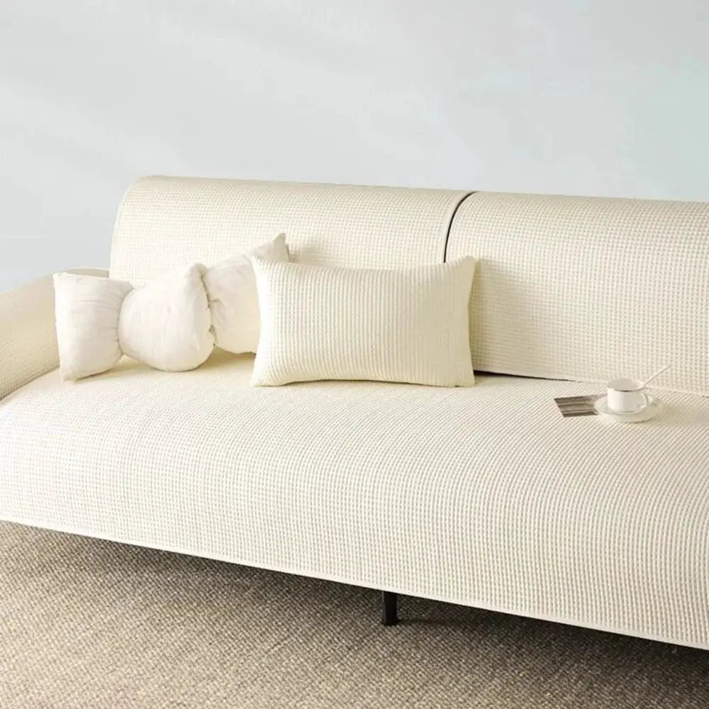 Summer Cooling Touch anti-slip sofa cover for 3-seat living room sofa, ivory knit texture, universal fit
