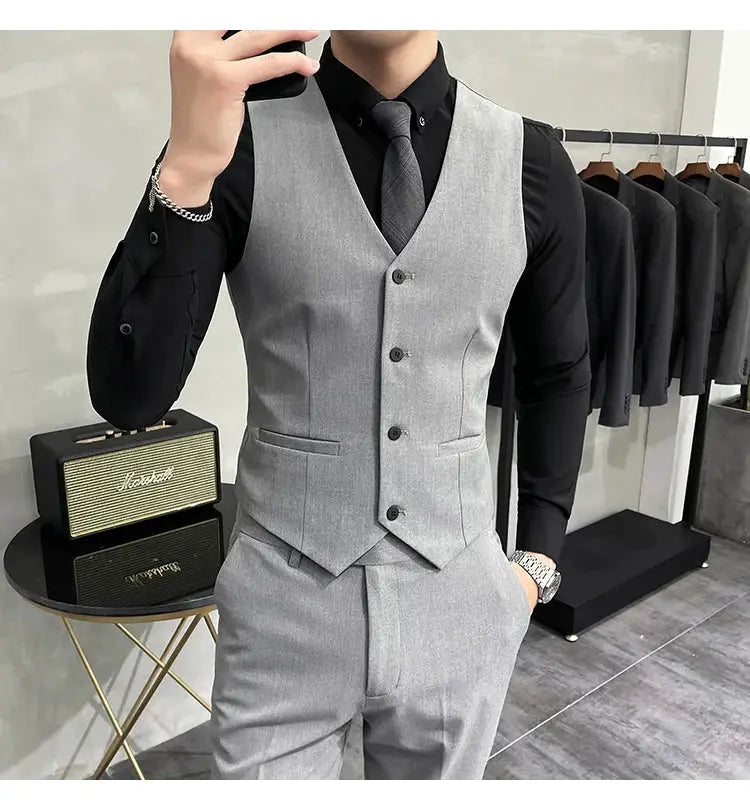Simples Market S-7XL grey elastic waistcoat two-piece suit set with matching trousers