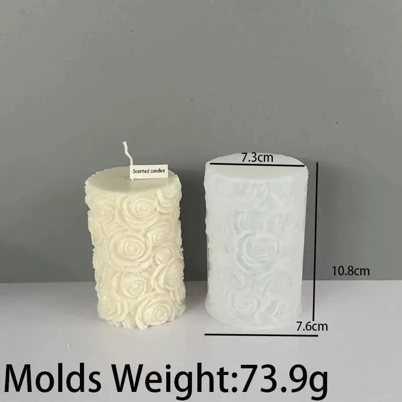 Flower rose-pattern columnar silicone candle mold set, two finished candles in cream and white with rose relief