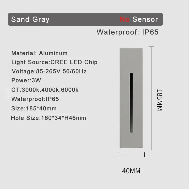 SANDIY sand gray wall lamp for stairs; recessed aluminum step light, 3W, IP65, 185x40mm