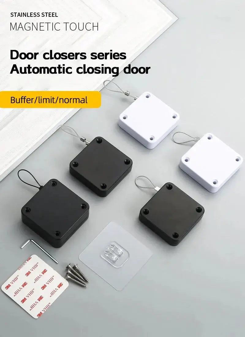 Automatic drawstring door closers set for sliding doors; six square units in black and white with mounting screws and hardware