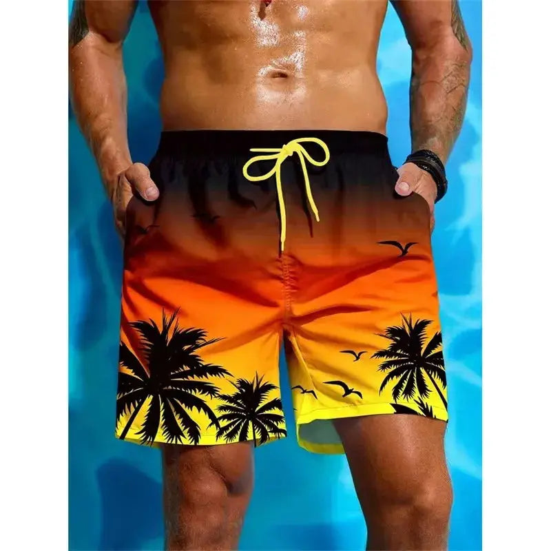 Men's board shorts with sunset palm tree print in orange yellow gradient and black waistband, quick-dry beach trunks