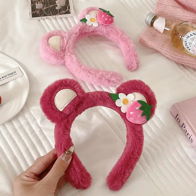 Strawberry Bear Plush Headband For Women Soft Hairband For Face Wash And Skincare Cute Fashion Accessory