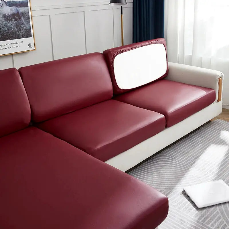 PU waterproof sofa cover for corner sofa; burgundy slipcover with white frame and elastic stretch fit
