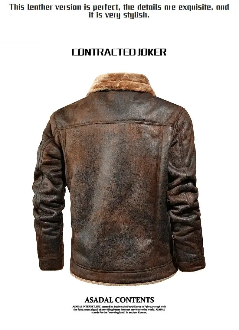 Men's brown leather jacket with fur collar, back view