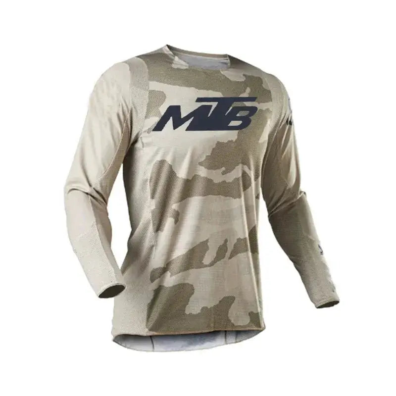 MTB long-sleeve jersey in beige camouflage by Simples Market with MTB logo