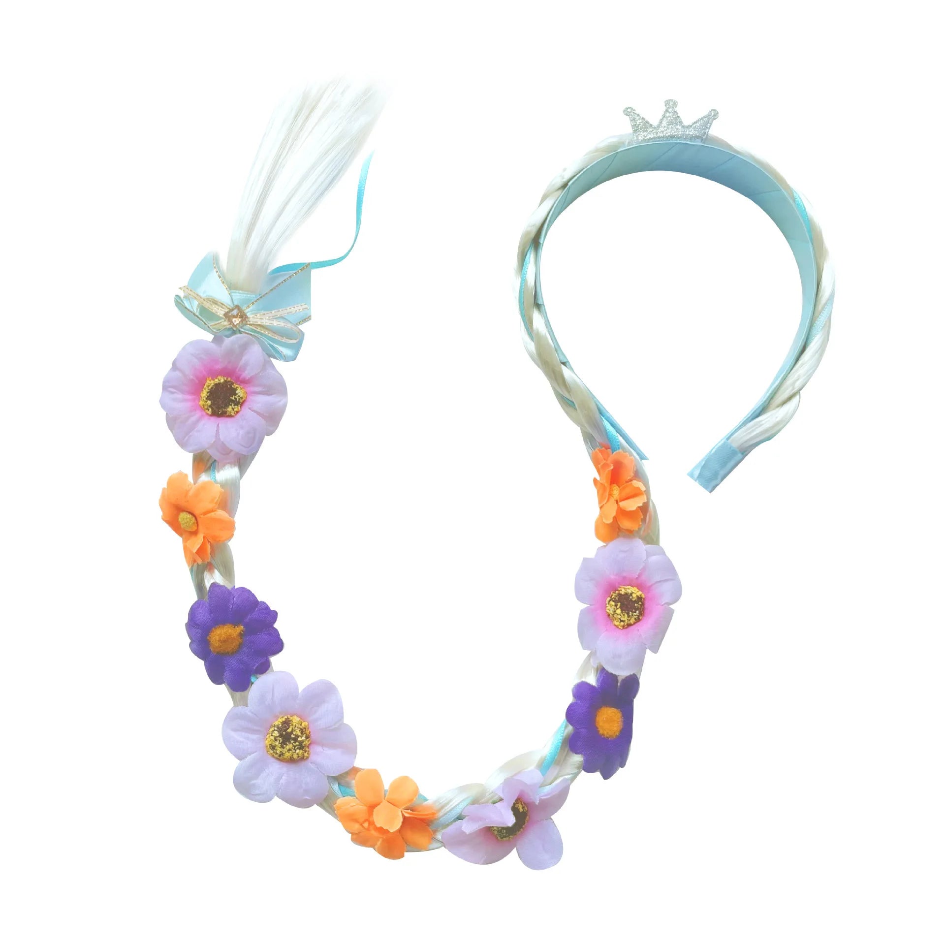 Elsa princess crown headbands for kids with braided blue bands and colorful flower accents (2-pack)